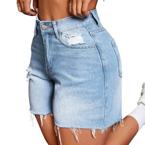 Womens High-Elastic Cropped Ripped Denim Shorts For Summer Street Style In Europe And The US