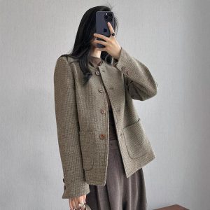 Elegant Tweed Vintage Crew-neck Coat For Women