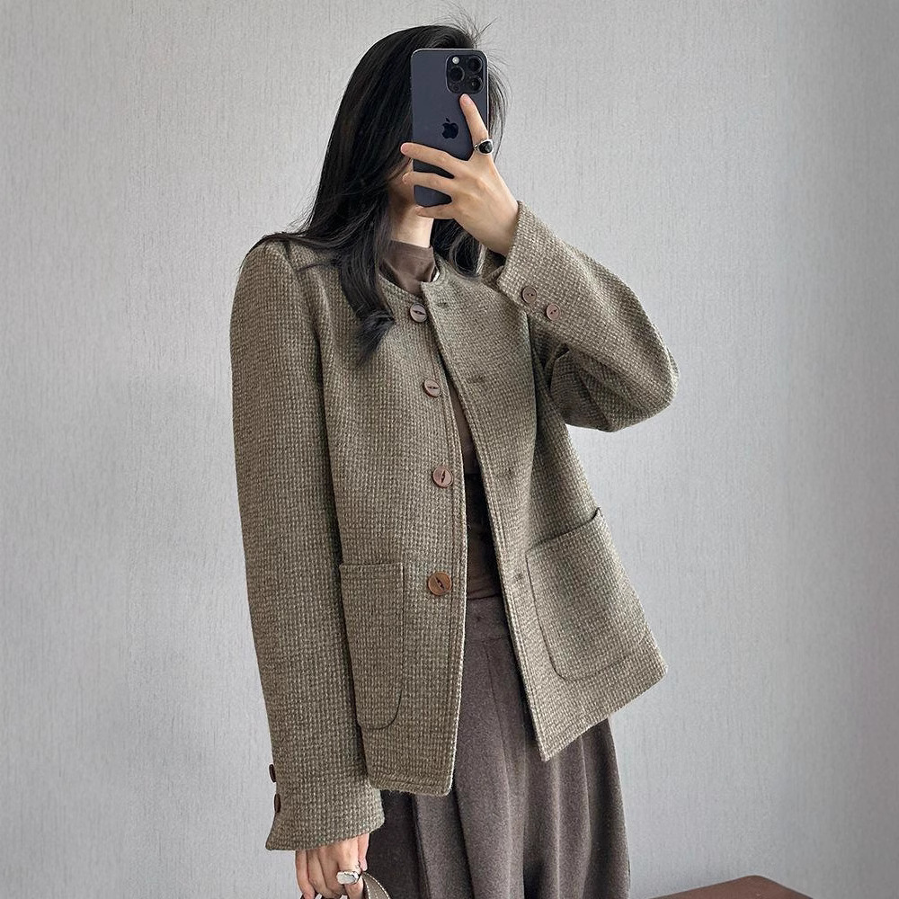 Elegant Tweed Vintage Crew-neck Coat For Women - الصورة 3