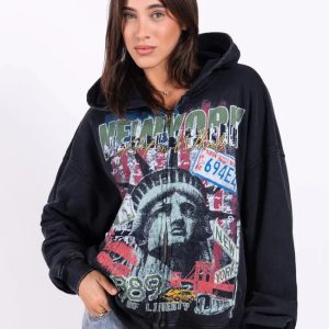 High-street Vintage Washed-and-distressed Print Hoodie With A Zip-up Hood