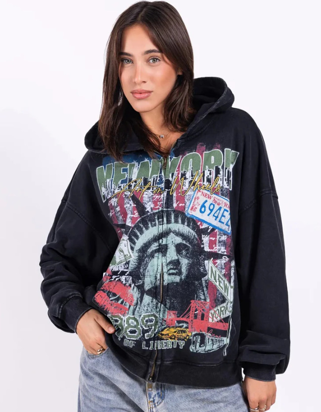 High-street Vintage Washed-and-distressed Print Hoodie With A Zip-up Hood - Image 6