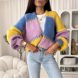 New Colorful Plaid Patchwork Contrast-color Knit Sweater Jacket With Gold Thread