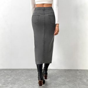 Womens Solid-Color High-Waist Vintage Denim Skirt