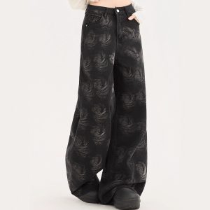 Womens High-waisted Loose-fit Washed Denim Jeans With A Printed Design