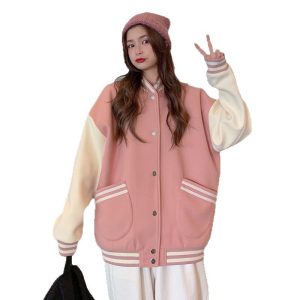 Womens Fashionable Preppy-Style Casual Crew-Neck Jacket