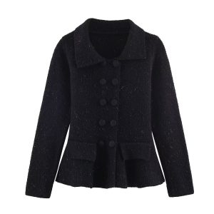 Casual Pocket Decoration Lapel Knit Sweater Jacket For Women