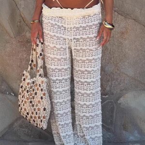 Womens Casual Hollow-Out Lace Patchwork Jacquard Knit Pants