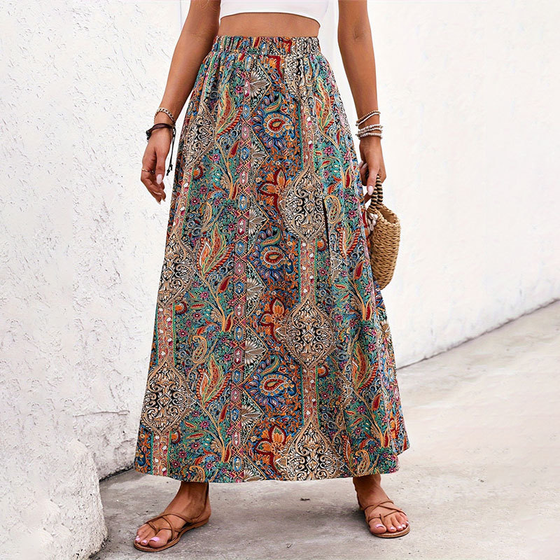 Womens Ethnic-style Floral-print A-line Skirt With A Slit - الصورة 4