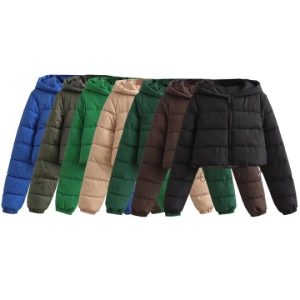 Womens Short Multi-Colored Cotton Puffer Jacket With Hood