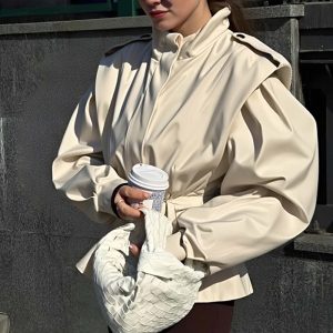 Women's Vintage Stand Collar Loose Long Sleeve Trench Coat Short Jacket