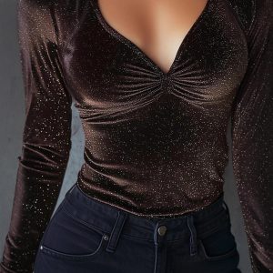 New Womens Elegant Pleated Velvet Shimmering T-Shirt