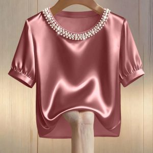 French-style Satin Pearl-collar Short Sleeves