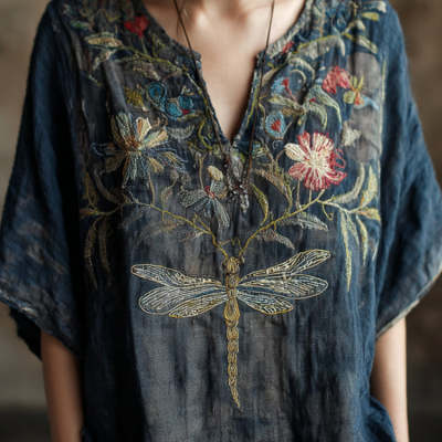 Womens Printed Linen Long-Sleeve Shirt Top - الصورة 2