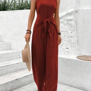 Womens V-neck Sleeveless Wide-leg Jumpsuit