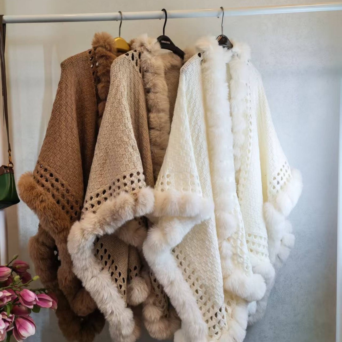 Solid-color Thickened Warm Womens Rabbit-fur Shawl - Image 2