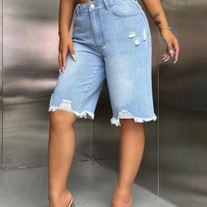 Womens Stylish Ripped Raw-edge Denim Shorts