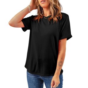 Solid-color Casual T-shirt Pullover Crew-neck Top For Women