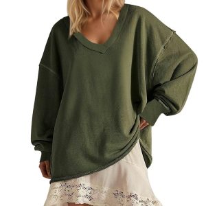 New Solid-color V-neck Loose-fitting Long-sleeve Top For Women