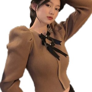 French Chic Crew-Neck Top With Bow Detail Pullover Style