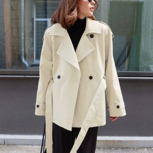Women's Loose-Fit Trench Coat With Lapel Collar Defined Waist And Belt