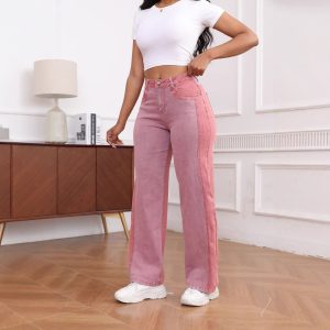 Womens Slim-Fit Wide-Leg Stretch Denim Pants With Panel Design