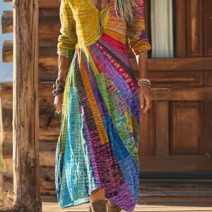 Womens 3D-printed V-neck Long-sleeve Dress