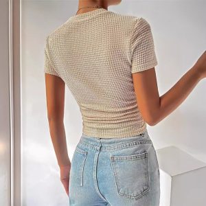 Versatile Figure-flattering Ribbed Crew-neck Knit Short-sleeve T-shirt