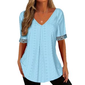 Womens Solid-Color V-Neck Loose Short-Sleeve Pleated T-Shirt Top