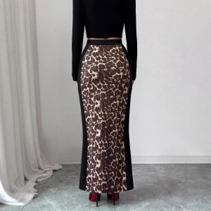 Womens Leopard-Print Patchwork High-Waist Bodycon Split Skirt