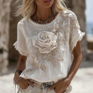 Womens Retro Printed Patchwork Crew-Neck Top