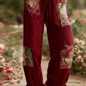 Cotton And Linen Style Elastic Waist Floral Pants