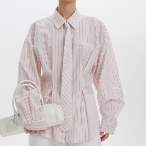 Turn-down Collar Long-sleeve Striped Shirt With Tie