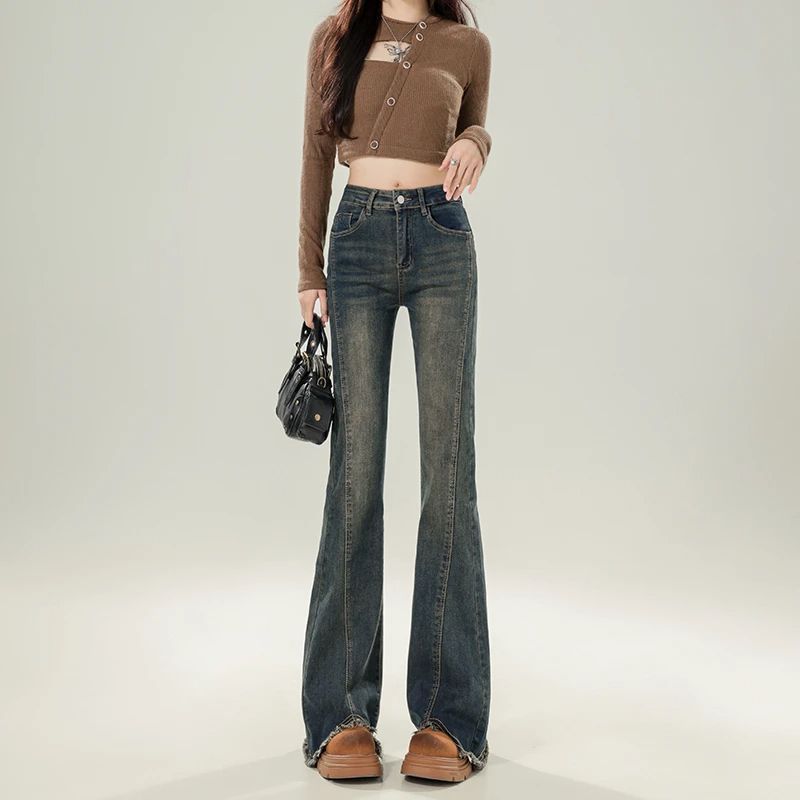 Flared Denim Jeans For Women Autumn Cement Gray - Image 2