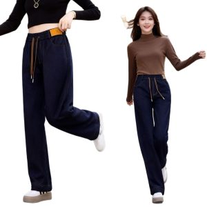 New Fleece-Lined High-Waist Straight-Leg Denim Wide-Leg Pants