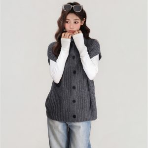 Grey Lapel Knitted Vest Sweater Warm Coat Women's Autumn And Winter Innerwear Top