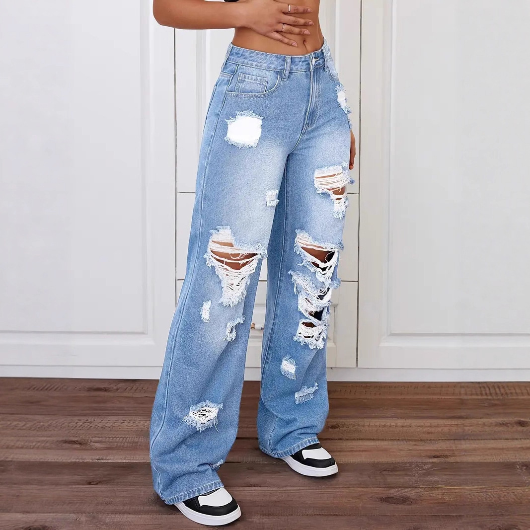 Trendy Washed Ripped Straight Jeans For Women - الصورة 2