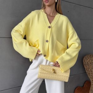 Solid-color V-neck Knitted Cardigan With Large Pockets For Women