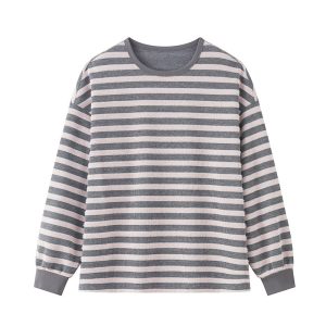 Womens Japanese-style Artistic Two-Tone Striped Long-Sleeve Hoodie