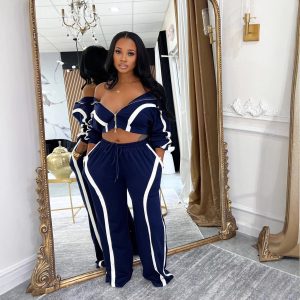 Contrast-color Long-sleeve Cardigan Sports-style Two-piece Set, Fashionable And Casual