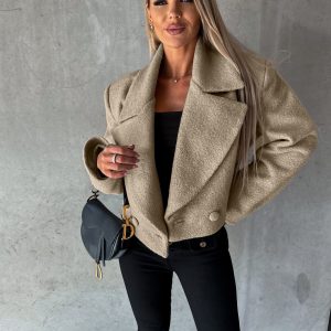 Trendy Woolen Cropped Oversized Coat With A Stand-up Collar In A Solid Color