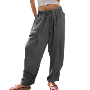 Womens Solid-Color Cotton-Linen Casual Loose Straight Pockets Lounge Pants With Drawstring