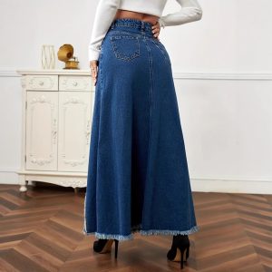Womens Patchwork Denim Raw-Hem Skirt