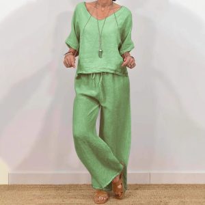 Womens Multi-Color Two-Piece Set Casual V-Neck Pullover With Three-Quarter Sleeves And Extended Pants