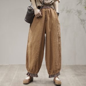Womens Coffee-Colored Artistic And Fashionable Patchwork Linen Carrot Pants
