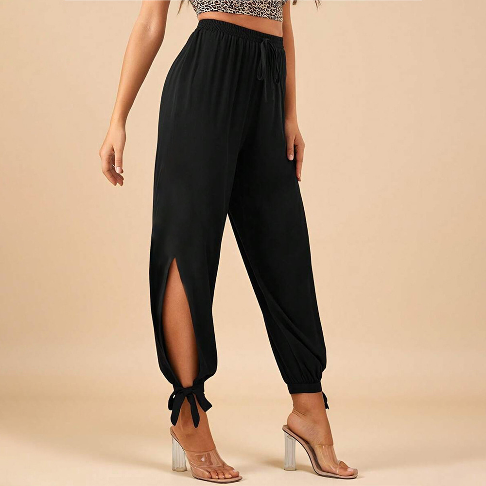 Black High-waisted Drawstring Split-leg Tie-cuff Casual Pants - Image 2