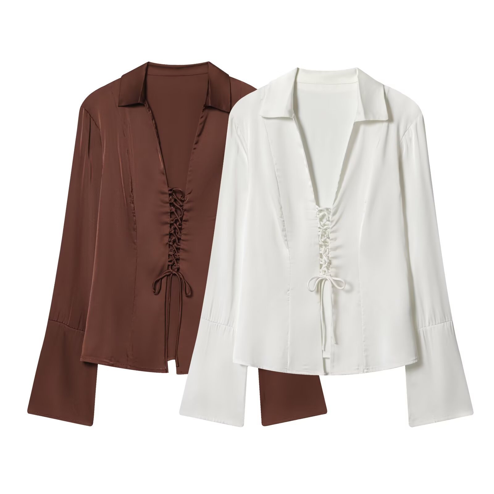 Slimming Satin Strap Slightly Flared Sleeve Shirt - الصورة 5