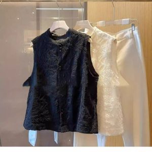 Womens Solid-Color Retro Loose-Fit New Chinese-Style Waistcoat Vests