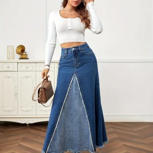 Womens Patchwork Denim Raw-Hem Skirt