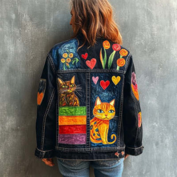Autumn Retro Womens Style Denim Jacket With Patchwork 3D Print And Turned-Over Hem