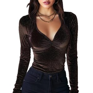 New Womens Elegant Pleated Velvet Shimmering T-Shirt